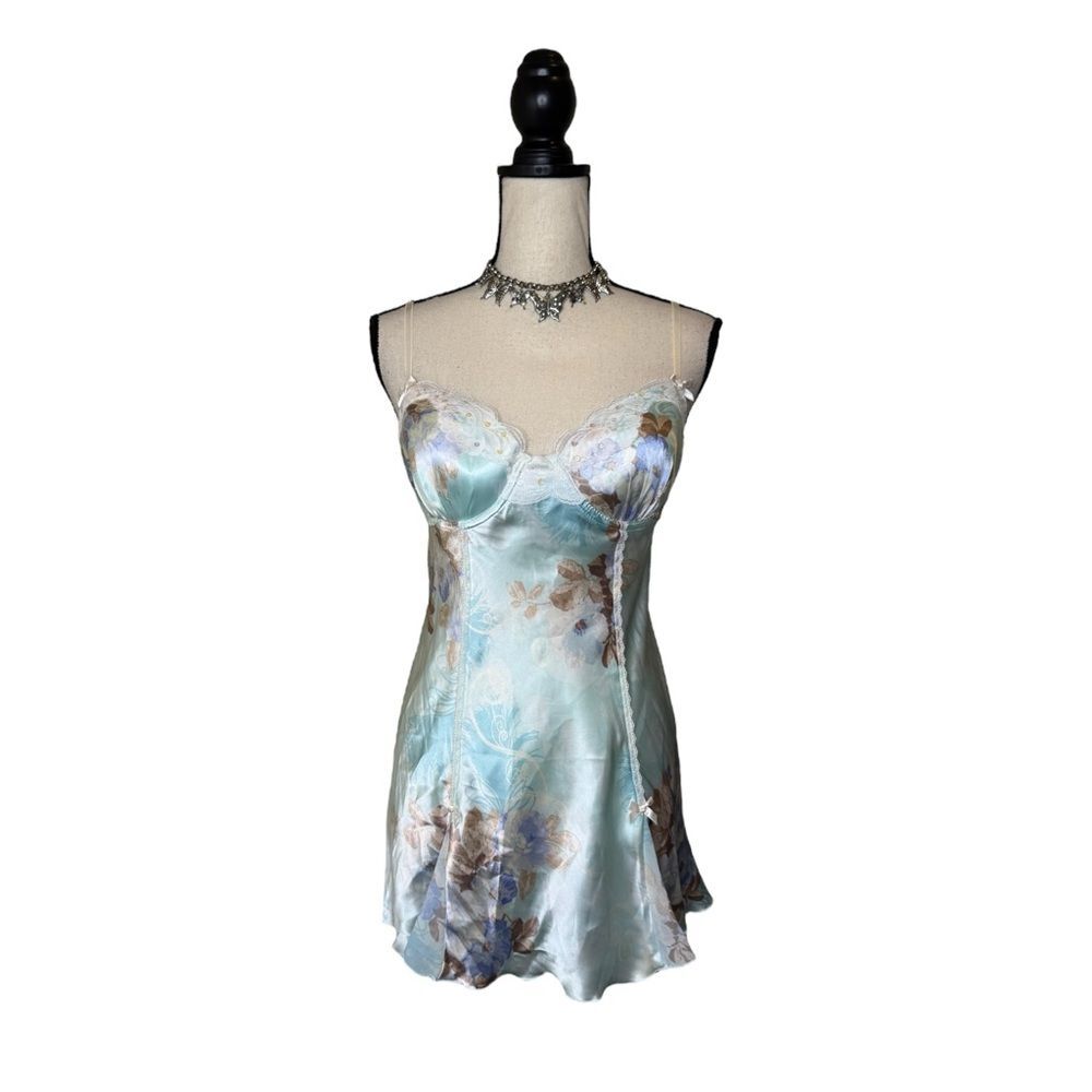 Y2K Apt 9 Baby Blue Floral Lace Cupped Babydoll Satin Slip Dress Size Large